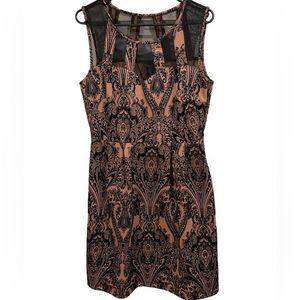 Enfocus Studio Mauve Black Damask Felt Stretch Sheer Mesh Dark Barbie Mini Dress